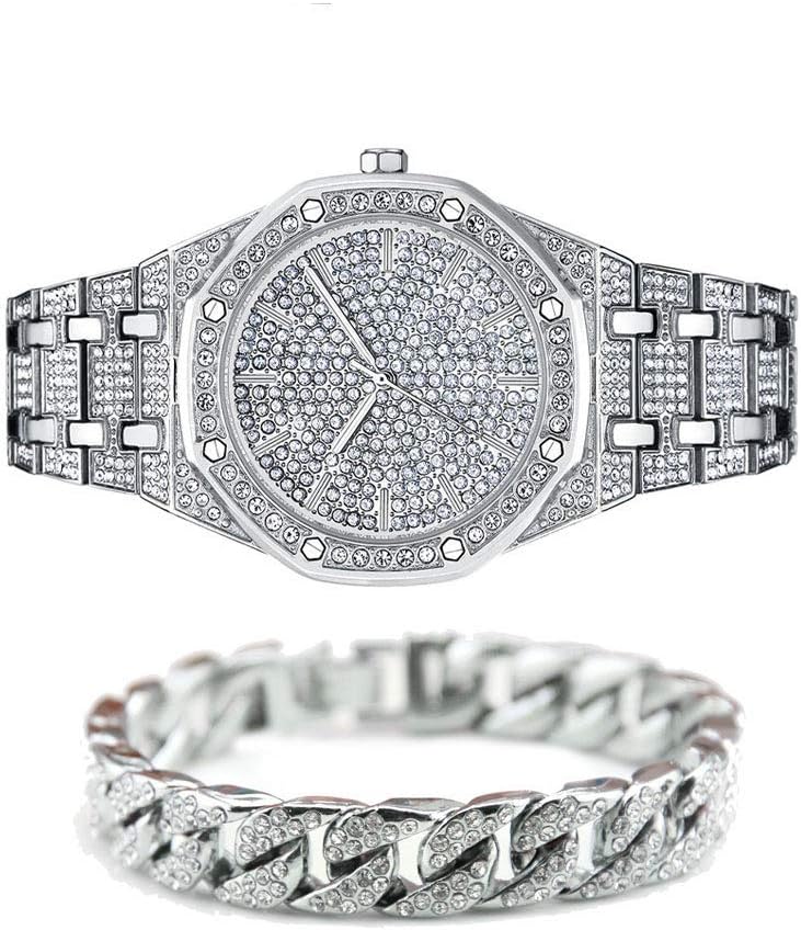 Cubic Zirconia Hip Hop Bracelet, Hip Hop Full Diamond Watch for Men, Jewelry Set (1 PCS Watch+1 PCS Bracelet)