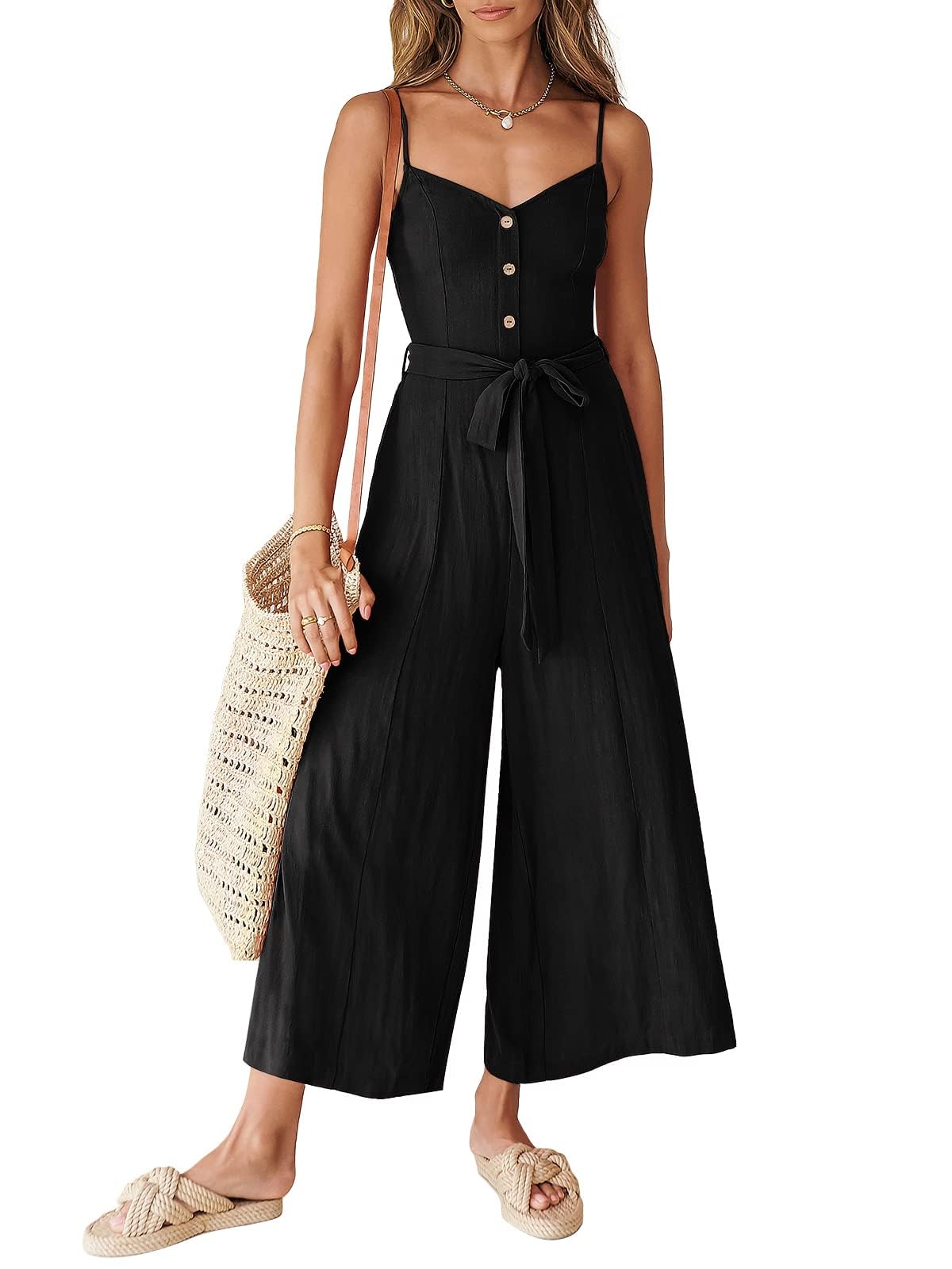 ANRABESS Jumpsuits for Women 2024 Summer Casual Linen Wide Leg V Neck ...