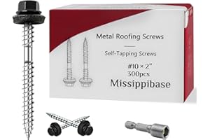 MISSIPPIBASE Metal Roofing Screws #10 × 2 Inch, 300 PCS,Black Painted Hex Head Sheet Metal Roof Screws,Rubber Washer,Sharp Point,Self Starting Metal to Wood Siding Screws, EPDM Washer,Hex Socket Included