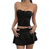 GORGLITTER Women's Y2k Strapless Ruched Tube Top Tiered Ruffle Mini Skirt Sets Matching Outfits