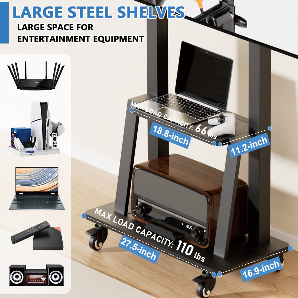 Duiliuu Mobile TV Stand with Wheels, Rolling TV Stand on Wheels for 32-75 inch Television, Mobile TV Cart Height Adjustable,15° Adjustable Viewing Angle,Max 130LBS, Vesa max 600×400