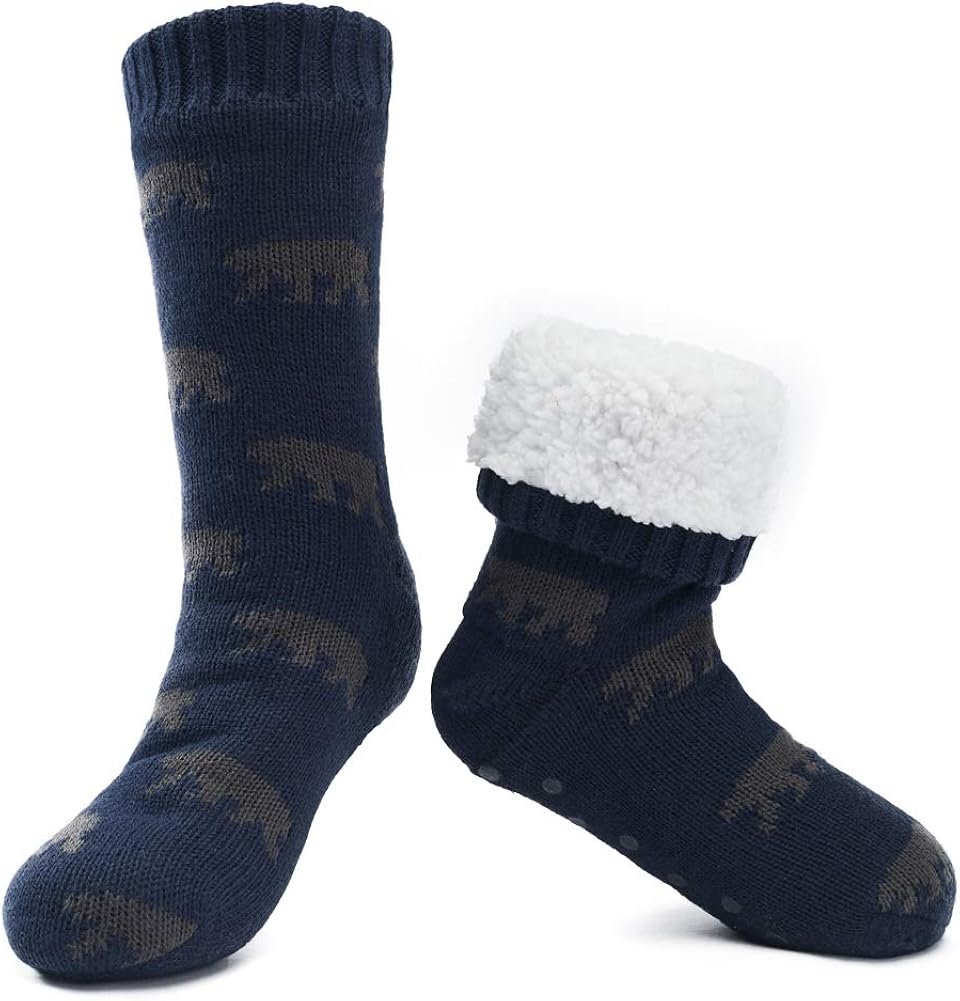 MaaMgic Mens Fuzzy Warm Slipper Socks Non Slip Skid Winter Cozy Knit ...