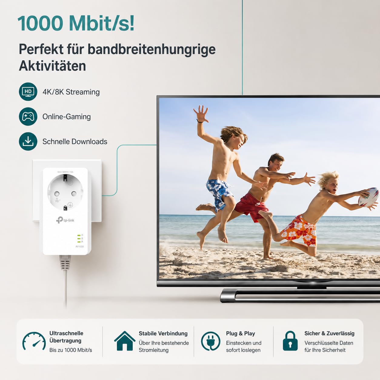 TP-Link Powerline Adapter Set TL-PA7017P KIT(1000Mbit/s, mit Steckdose, Gigabit-Port, Plug&Play, Kompatibel mit HomePlug AV/AV2 Powerline Adaptern, Ideal für Media-Streaming) 4