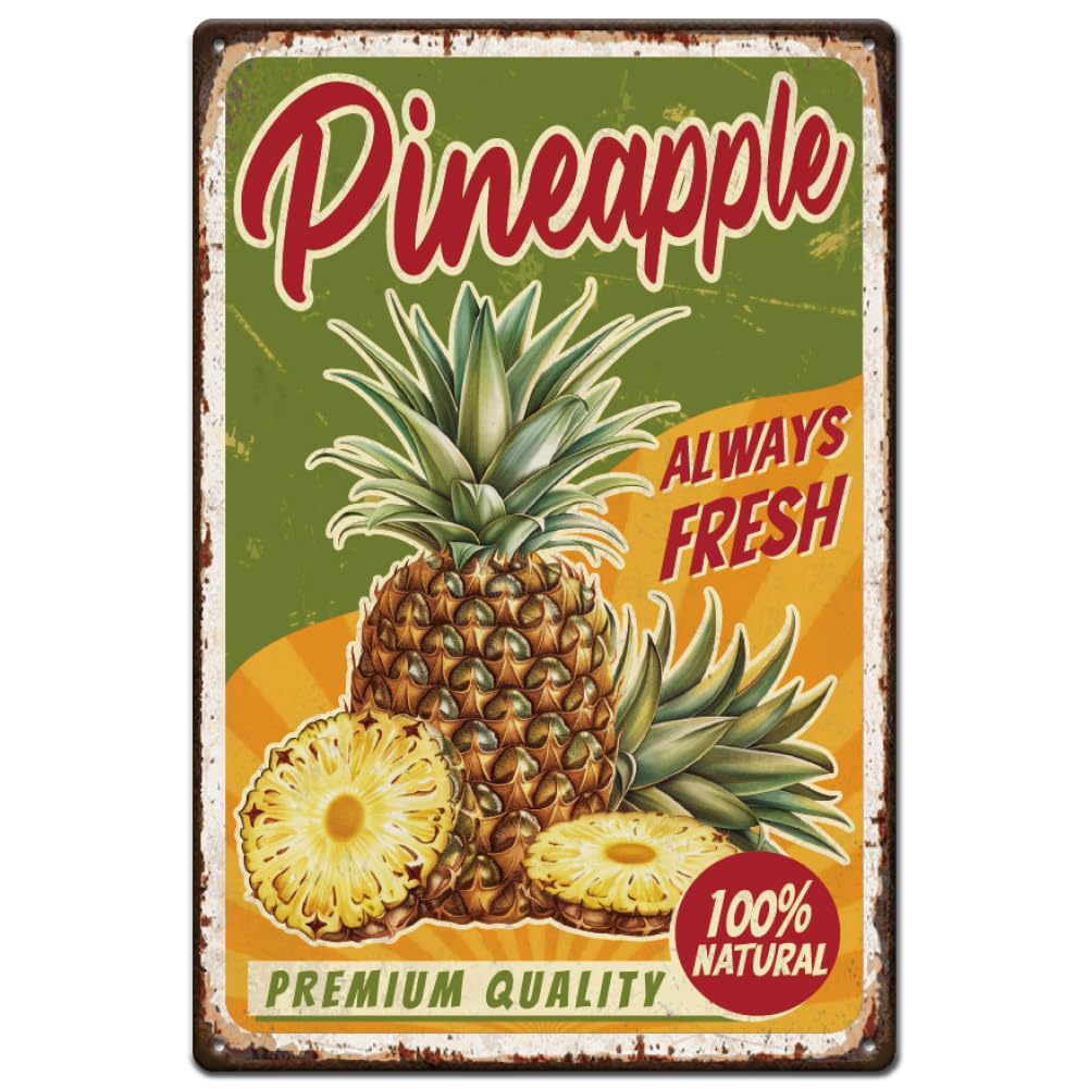 SUPERDANT Pineapple Metal Tin Sign Always Fresh Metal Signs Retro Fruits Wall Plaque Vintage Wall Art Poster Outdoor Garden Decoration for Fruit Shop Pantry Bedroom Girl's Room