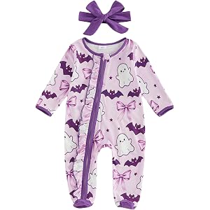 Kavousa Halloween Newborn Baby Girl Clothes | Fashion Ghost Pumpkin Print Long Sleeve Zip Front Romper with Headband Hallowee
