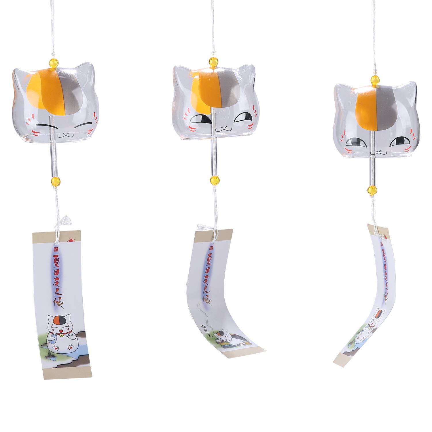 Falytemow Japanese Wind Funny Cat Chimes Small Wind Bells Handmade Glass Japanese Style Pendant Home Decors (3pcs Clear)