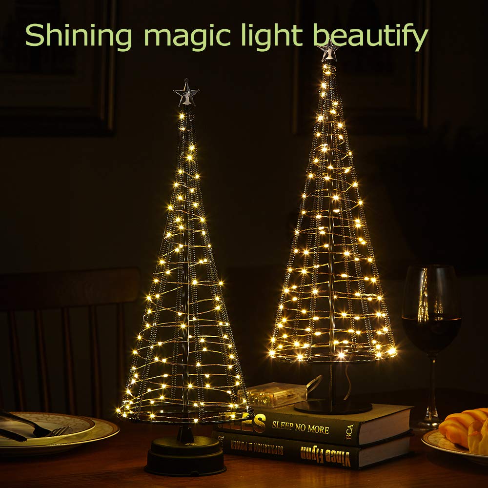 Metallic Lamp,Table Decorative Lights, Gift Ideas,85 Warm White LEDS on Copper Wire, Trees with Flat Plate and Battery House Outside for Indoor, 16.73 inch Tall, Black L
