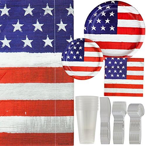 American Flag Rustic Party Supply Kit; Banquet Plates, Dessert Plates, Luncheon Napkins, Premium Clear Cups, Strong Forks, Reliable Spoons, Steady Knifes & Large Table Cloth | Serves 10 Guest.