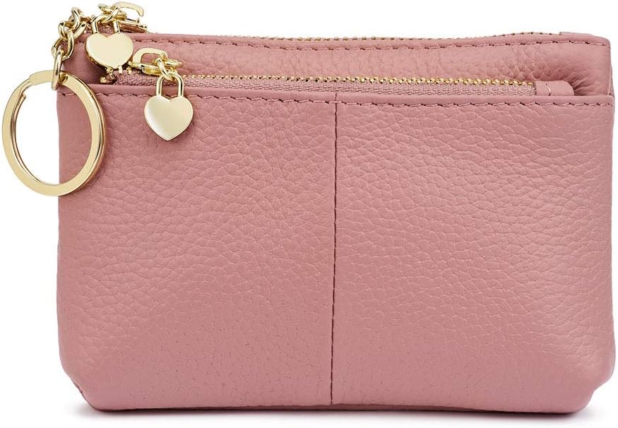 Women Genuine Leather Zip Mini Coin Purse with Key Ring Triple Zipper Card Holder Wallet (Pink)