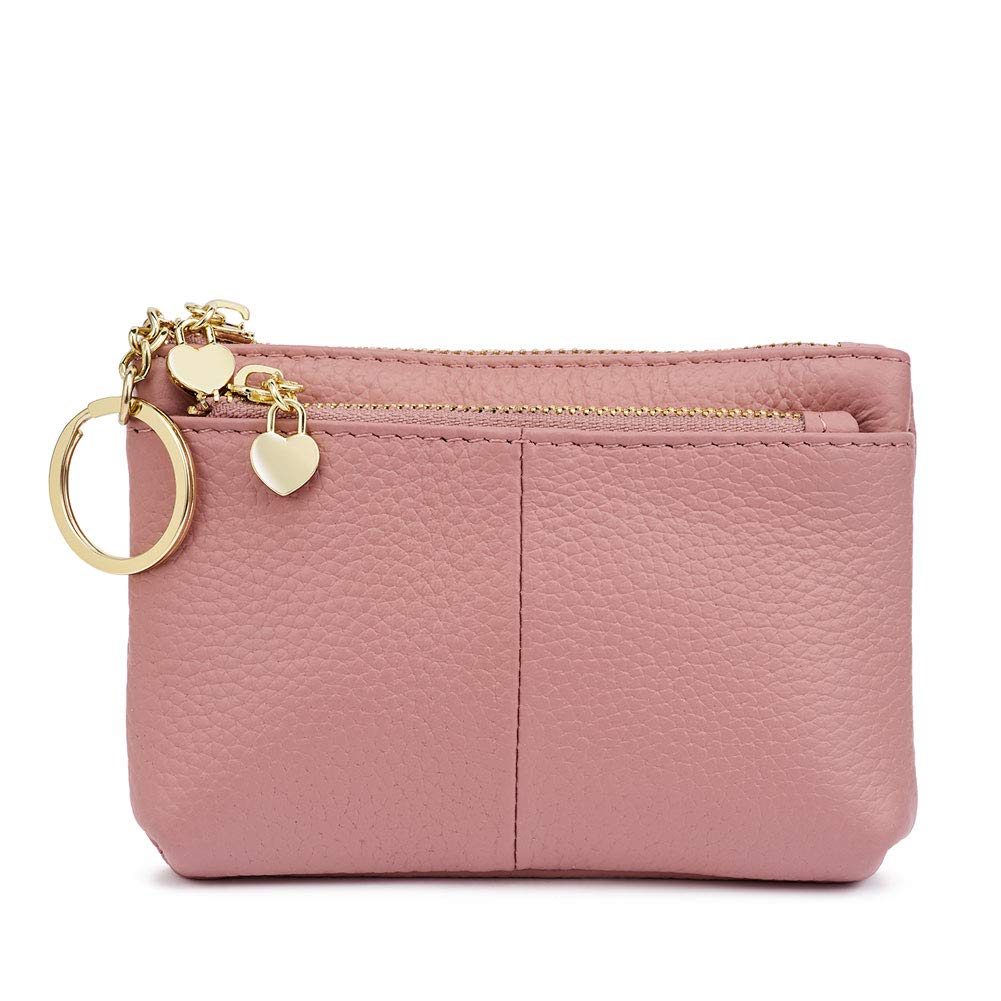 Women Genuine Leather Zip Mini Coin Purse with Key Ring Triple Zipper Card Holder Wallet (Pink)