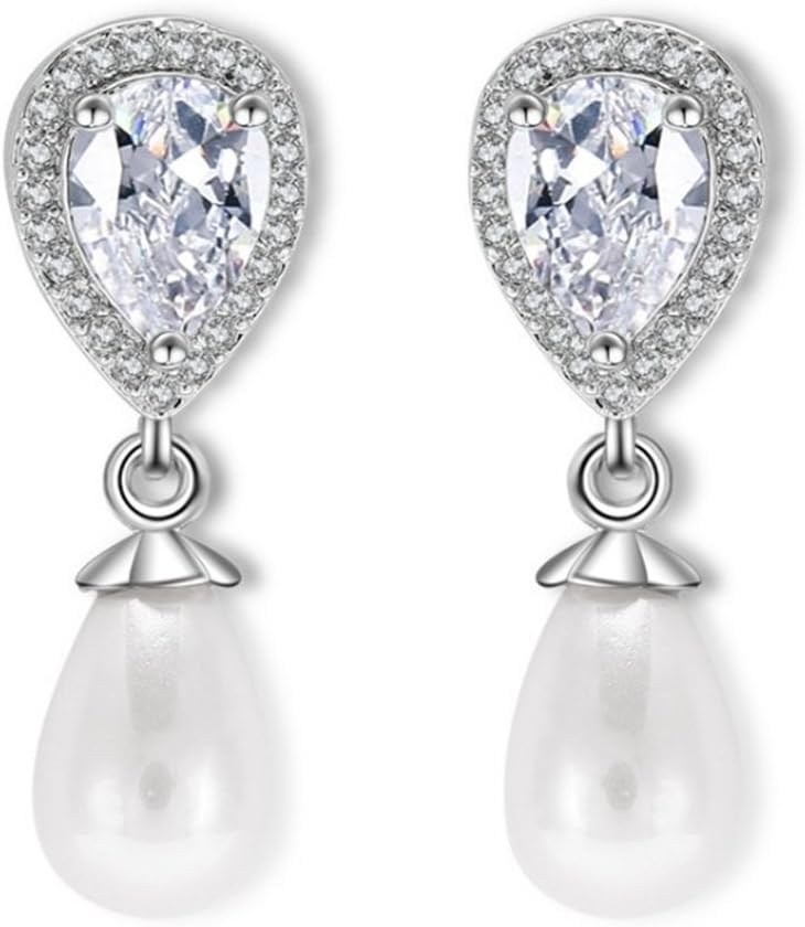 Teardrop Pearl Drop Dangle Earrings Silver White Pear Crystal