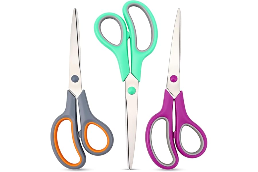Scissors 8.5 Inch scissors all purpose for Office, Home, Sewing,and Crafts,Soft Comfort-Grip Right/Left Hand 3-Pack, Multicolor