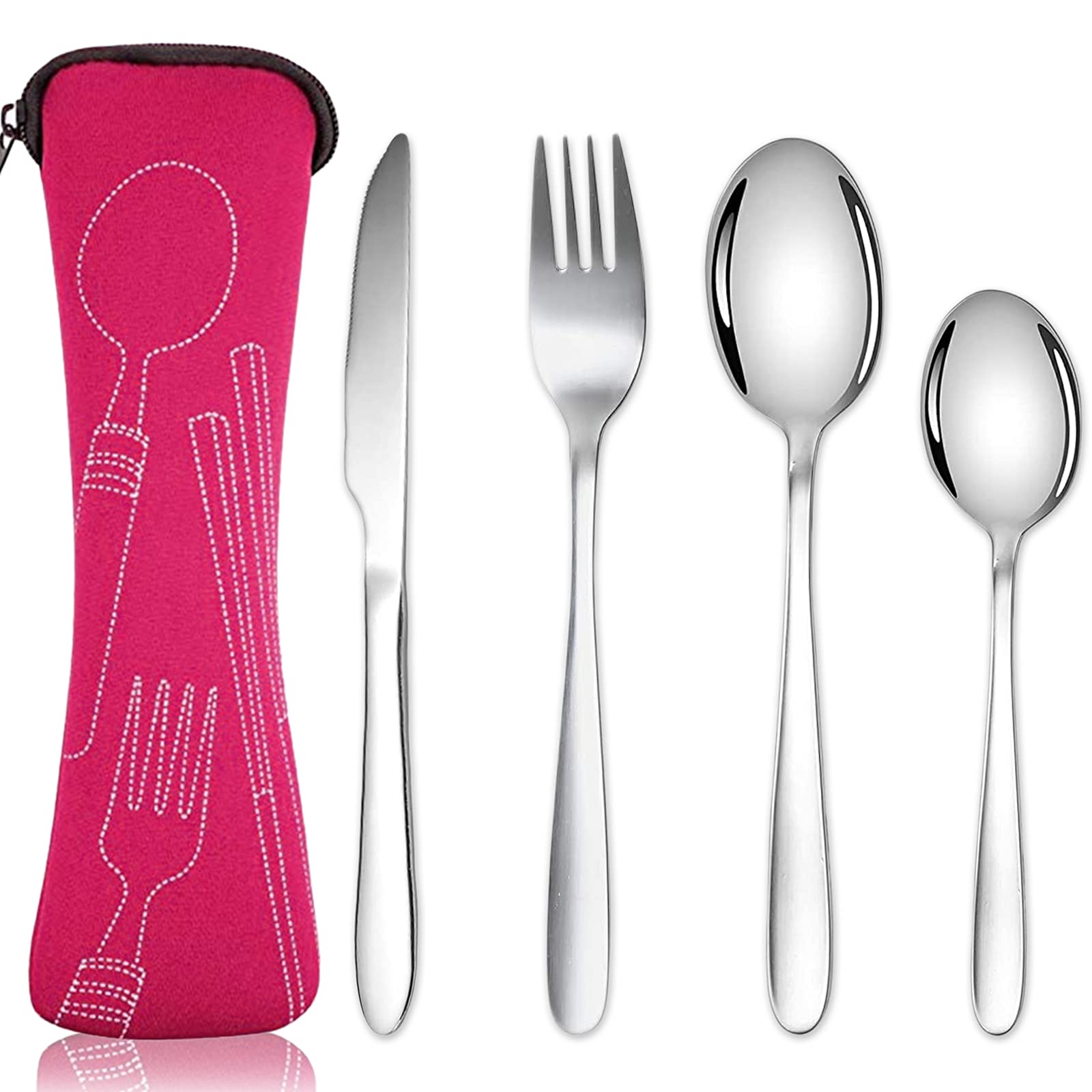 Acehome Cutlery Set with Portable Pouch Case, Stainless Steel Flatware Camping Utensil Set with Neoprene Bag for Outdoor Travel Picnic Office School Lunch Box (4 Pcs Rose Red)
