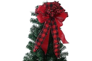 JARGEBUR Christmas Tree Topper Bow, 23 Inch Red Black Plaid Buffalo Toppers Decorative Bow, Decoration Gift Bow for Holiday Front Door Wreath Decorations Indoor Outdoor