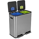 80 Liter / 21 Gallon Rectangular Hands-Free Dual Compartment Recycling Kitchen Step Trash Can with Soft-Close Single Lid, Stainless Steel (40L x 40 L Capacity) Stainless Steel Finish
