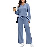 Simlakey Women's 2 Piece Casual Lounge Sets Fall Travel Outfits V Neck Side Slit Tracksuit Wide Leg Loungewear Sweatsuit