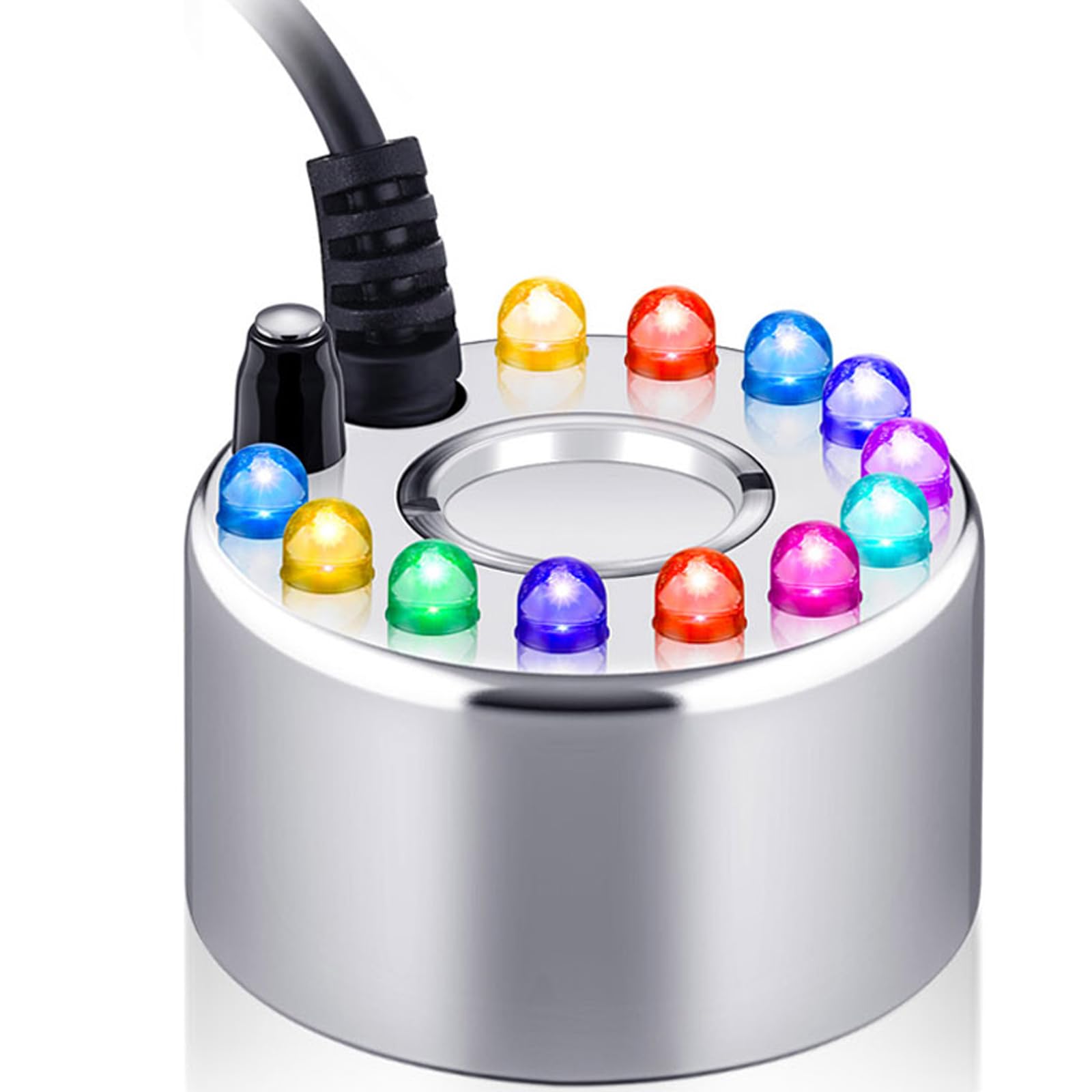 Photo 1 of Yaomiao 1 Piece Halloween Mist Maker Fogger Small Ultrasonic Fog Machine Fountain Mister Fogger Water Garden Pond Foggers Air Humidifier with 12 LED Light Flashes for Halloween (Silver)