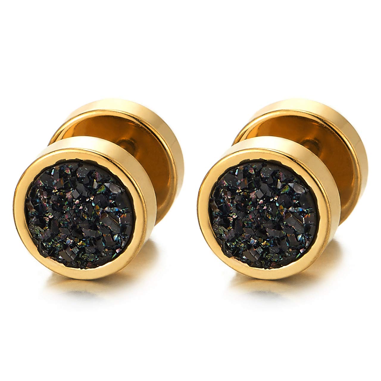 Men Women Steel Black Circle Earrings with Blue Shine - Plug Gauge Fake Cheater Fake Gauges Plugs, Metal Alloy Steel, Not-applicable โ image 1