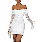 Floerns Women's Lace Off The Shoulder Dress Bow Bell Sleeve Party Bodycon Mini Dresses