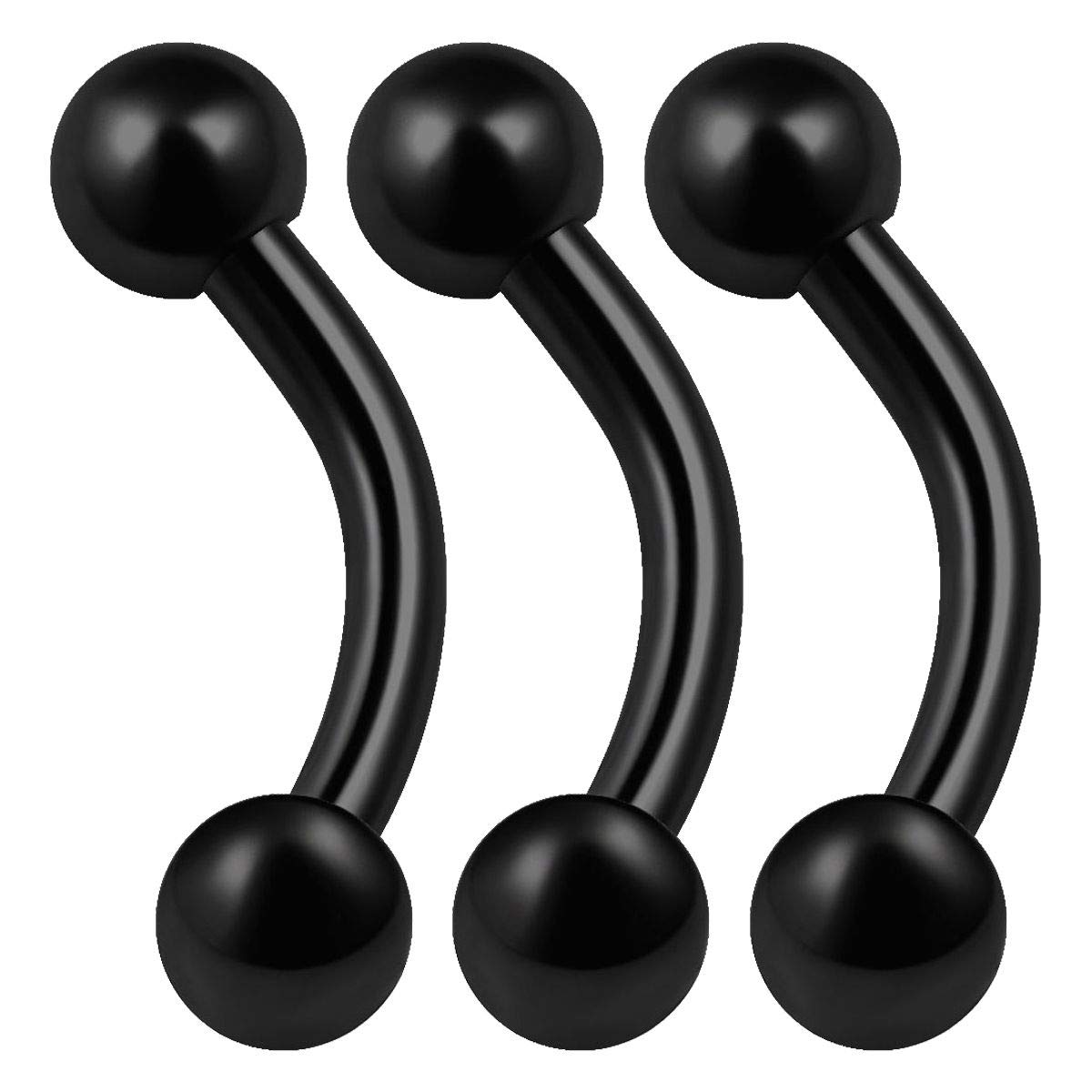 KJM FASHION 3PCS Stainless Steel Black Curved Barbell Ring 16g 1/4 6mm 3mm Ball Eyebrow Tragus Helix Earrings Lip Piercing Jewellery 0083