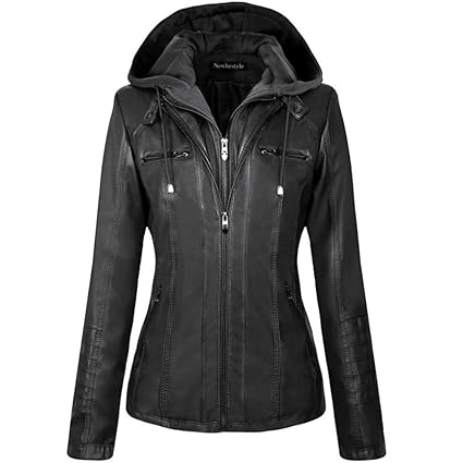 Newbestyle Kapuzen Kunstleder Damen Jacke mit Reißverschluss Motorradjacke Bikerjacke Kapuzenjacke Übergangsjacke Ladies Ober