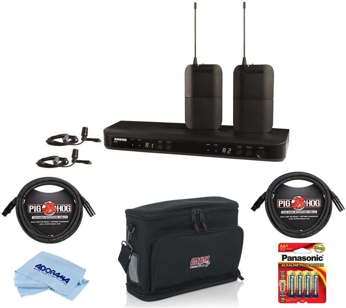 Shure BLX188/CVL Dual Channel Lavalier Wireless System, Includes 2x BLX1 Bodypack Transmitters, BLX88 Dual-channel Receiver, 2x CVL Lavalier Mics, H10: 542.125-571.800MHz - With Accessory Bundle