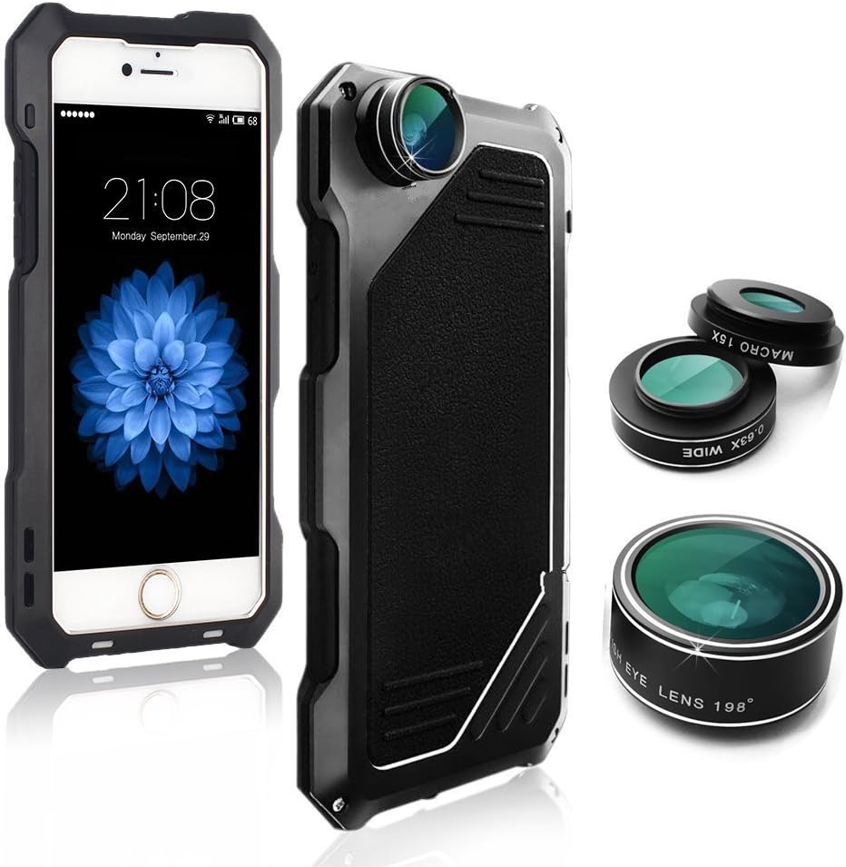 Desel iPhone 6 Plus/6s Plus Camera Lens Case with HD 198 Fish Eye Lens/15X Macro Lens /0.63 Wide Angle Lens Full Boy P54 Dustproof Shockproof Alluminum Case Cover Built-in Screen Protector 5.5 Inches