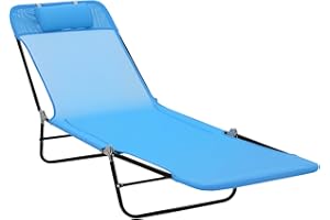 Outsunny Folding Chaise Lounge Chair, Pool Sun Tanning Chair, Outdoor Lounge Chair with Reclining Back, Breathable Mesh Seat, Headrest for Beach, Yard, Patio, Blue