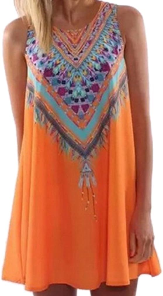 Honghu Women's Summer Casual Sleeveless Cartoon Printed Short Dress