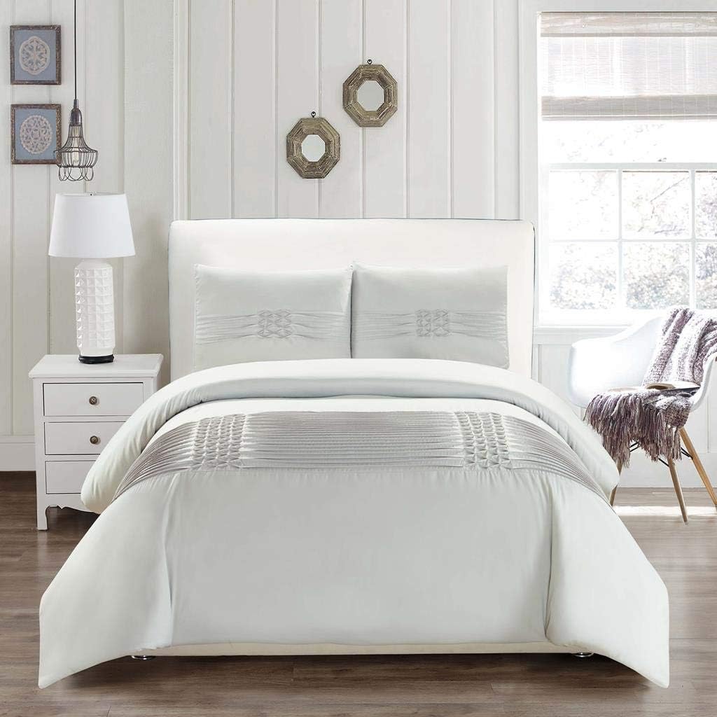 kensie Geonna Hotel Quality Reversible Luxury Comforter Duvet Insert Cover Hypoallergenic | 2 Piece Set | Ruffle Pintuck Collection, | Twin Size |, Glacier Grey