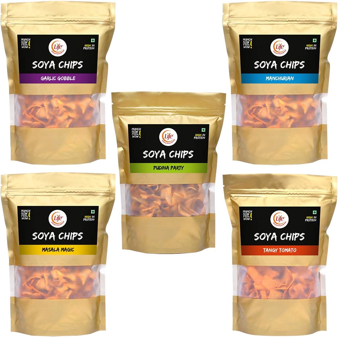 Life - Combo Pack- SOYA Chips - 5 Flavours- Garlic / Tomato / Pudina / Masala / Manchurian - 150g Each (Pack of 5) - Healthy Snack | High Protein | Good Fibre | Midnight Munch