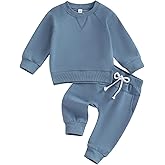 Lukivech Toddler Baby Boy Girl Fall Winter Outfit Basic Solid Color Crewneck Long Sleeve Sweatshirt Top Jogger Pants Set