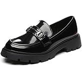 Vera Creation Women's Chunky Platform Loafers with Buckle Patent Leather Black Penny Loafers Fashion Office Work Business School Dressy Casual Shoes Comfortable Slip-on