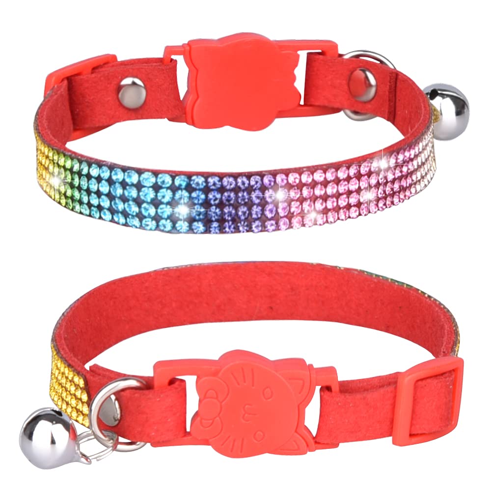 Pet Collar,Cat Collar with Bell Safety Buckle Release,Bling Bling Rainbow Rhinestone Kitten Collars Adjustable 20-25cm for Cats Puppy small dogs