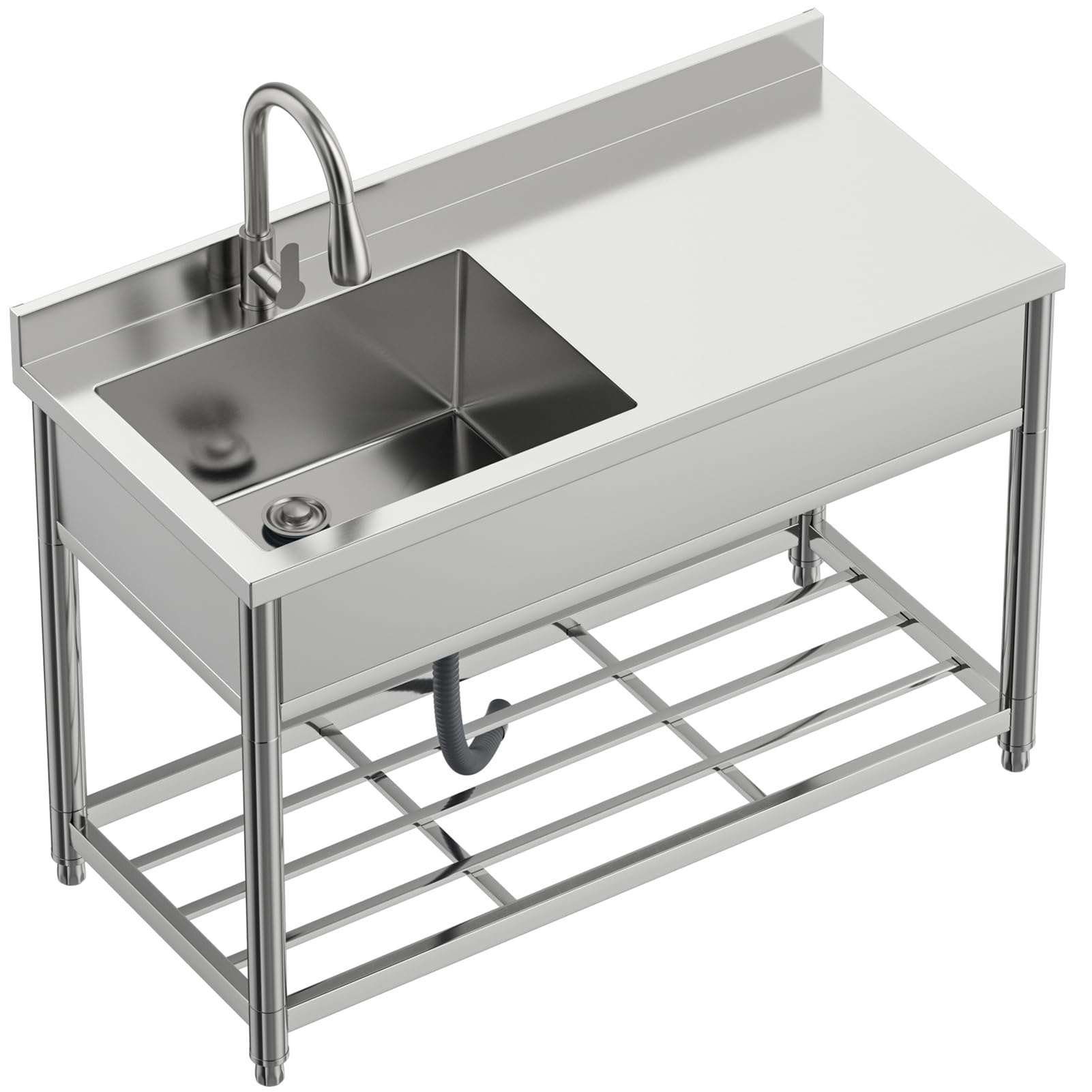 Photo 1 of GGW Commercial Sink with Drainboard, Stainless Steel Utility Sink with Pull-out Faucet, Free Standing Single Bowl Kitchen Sink with Workbench for Restaurant, Garage, Outoor, 21.7"D x 47.2"W x 37"H