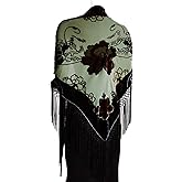 JJcollection Silk Base Burn-out Velvet Triangle Scarf, with 8" Tassel on two sides, Flora pattern, Green and BrownColor