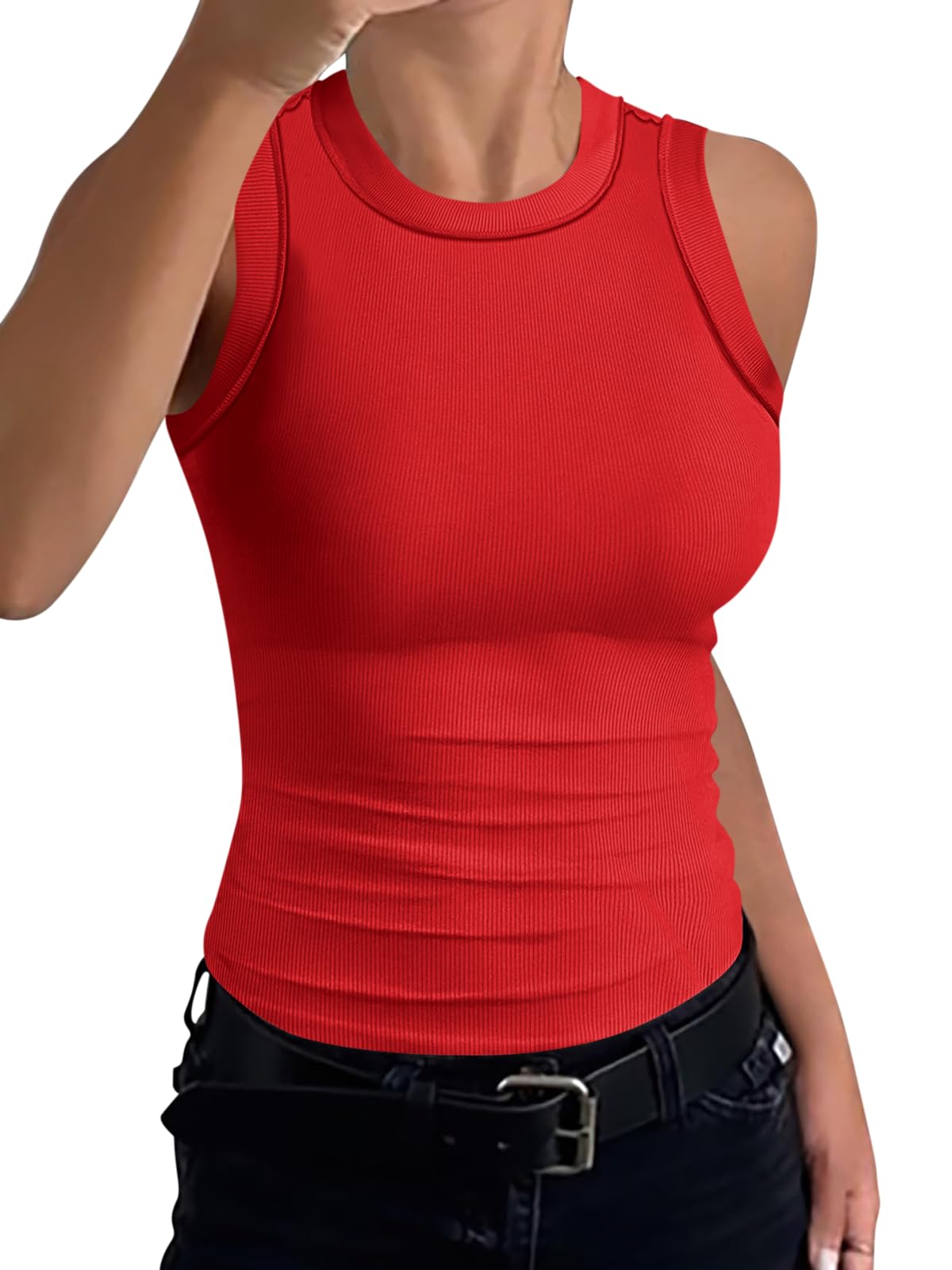 Photo 1 of (small) AVALEBETI Womens High Neck Tank Tops Sleeveless Ribbed Exposed Seam Curved Hem Slim Fit Fashion Summer Top Shirts 2025 Red