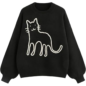 CIDER Womens Sweater Long Sleeve Cat Pattern Crew Neck Tops | Color Block, Cute, Loose Fit, Winter Casual Outfits