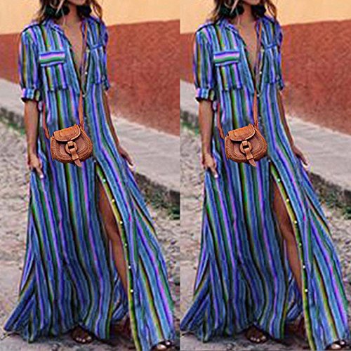 Women Multicolor Striped Buttons Lapel Half Sleeve Long Dress Casual Cocktail Club Party Robe Dresses Beach Sundress Blue
