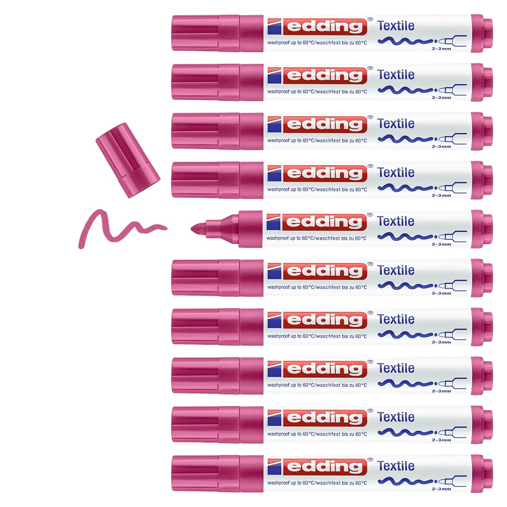 edding 4500 textile marker - carmine red - box of 10 - round nib 2-3 mm - permanent fabric markers for drawing on textiles, wash-resistant up to 60 °C - marker pens for fabric lettering