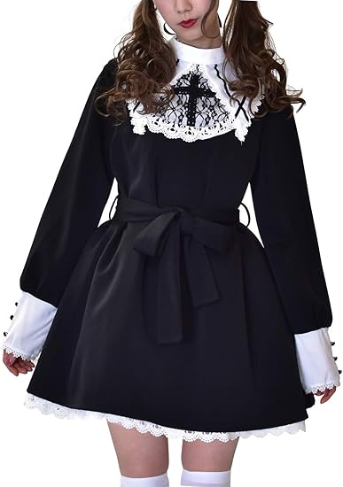 Amazon Lady Oliver レディース ワンピース 黒 長袖 ゴシック ロリータ 襟 クロス 膝丈 レース Lolita M ワンピース チュニック 通販