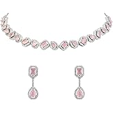 I Jewels Silver Plated Cubic Zirconia American Diamond Necklace & Earrings Jewellery Set for Women (AD0044ZPi)