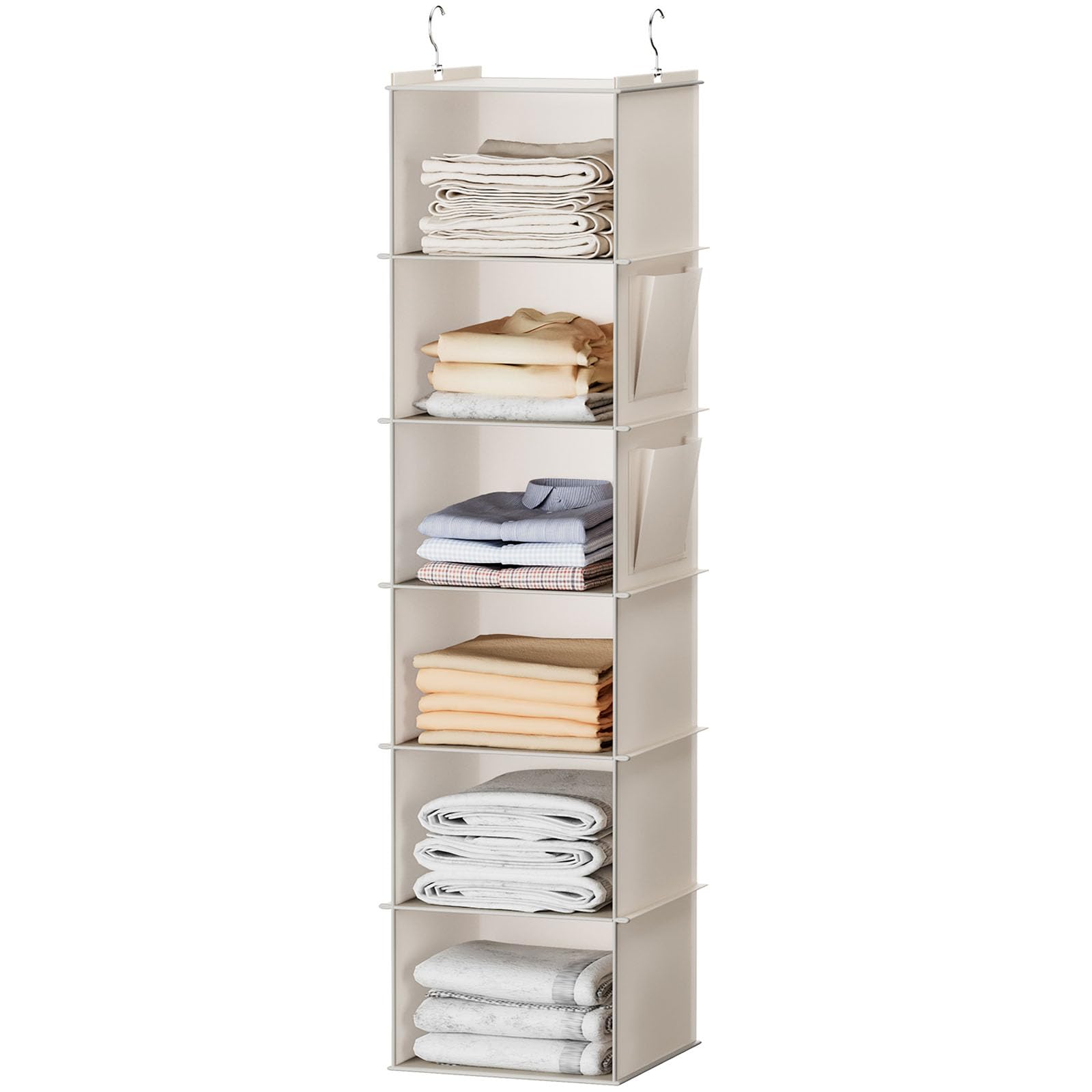 YOUDENOVA Hanging Closet Organizers 6 Shelves Wardrobe Storage Hanging Shelves With Side Pockets Clothes Organizer Bedroom Storage Beige