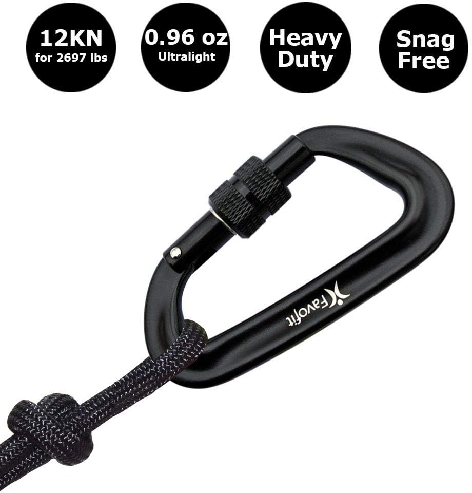 Favofit Locking Carabiner Clips, 4 Pack, 12KN (2697 lbs Each) Heavy Duty Caribeaners for Camping, Hiking, Outdoor & Gym etc, Small Carabiners for Dog Leash & Harness, Black : Sports & Outdoors