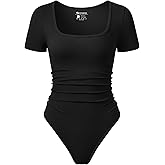 OQQ Women Bodysuits Ruched Short Sleeve Square Neck Stretch Lounge Travel Bodysuits