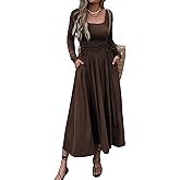 Mieazom Women’s Long Sleeve Square Neck Maxi Dress Adjustable Waist Tie Casual Flowy A-Line Pleated Dresses with Pockets