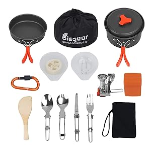 Bisgear 12-17Pcs Camping Cookware Stove Carabiner Canister Stand Tripod Folding Spork Set Outdoor Camping Hiking Backpacking Non-Stick Cooking Picnic Knife Spoon Wine Opener