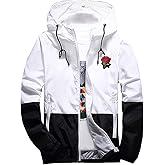 Rexcyril Men's Rose Floral Windbreaker Hooded Jacket Lightweight Casual Full Zip Flower Coat