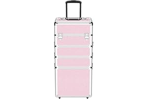 OUDMAY Makeup Case - 4 in 1 Professional Cosmetics Rolling Train Organizer with Aluminum Frame and Folding Trays Pink Diamonds