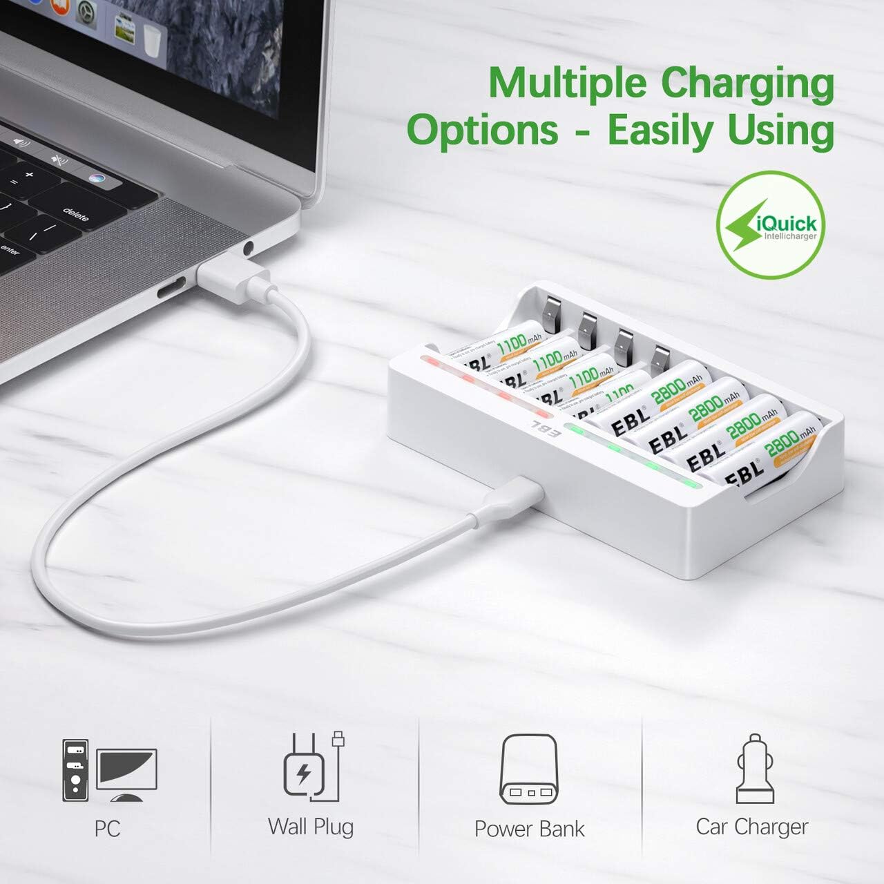 EBL Rechargeable AA Batteries 2800mAh 8 Pack and 8-Bay AA AAA Individual Rechargeable Battery Charger with 5V 2A USB Fast Charging Function: Home Audio & Theater
